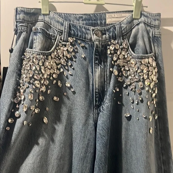 rag & bone Light Blue Embellished Flare Jeans - Picture 1 of 11